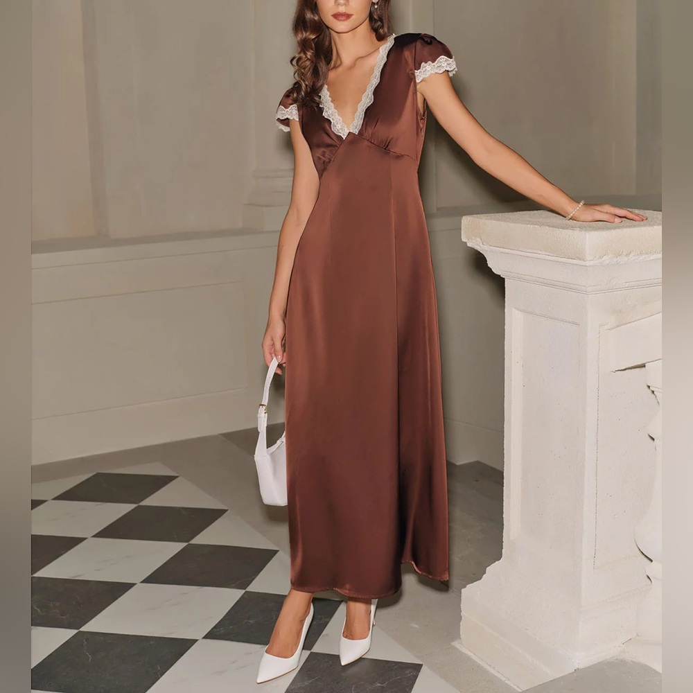 Rihoas Brown Satin V Neck Lace Maxi Dress
